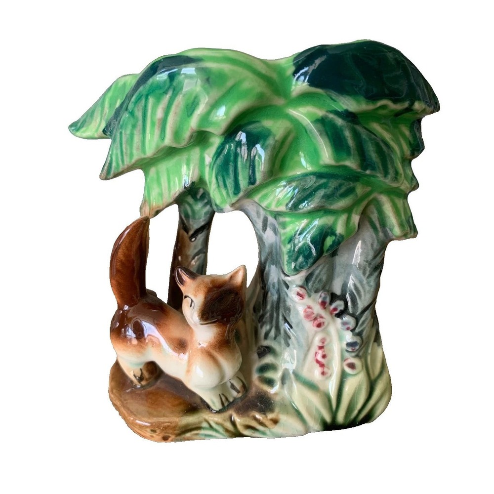 Vintage Ceramic Fox Palm Tree Planter Vase Mid Century Kitsch Glazed Pottery